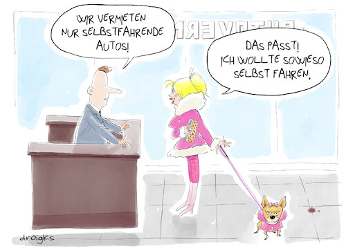 Cartoon: selbstfahrende Autos (medium) by droigks tagged cartoon,comic,droigks,auto,autovermietung,autonomes,fahren,autoverleih,rent,car,blondine,cartoon,comic,droigks,auto,autovermietung,autonomes,fahren,autoverleih,rent,car,blondine