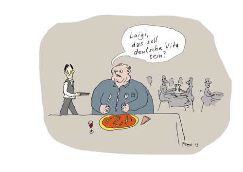 Cartoon: Deutsche Vita (medium) by darkplanet tagged lebensart,hunger,deutsche,italiener,italien,restaurant,gier,essen,fresssucht,dicke,übergewicht,bella,italia