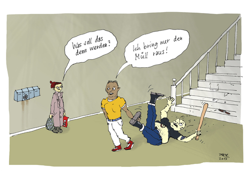 Cartoon: Müll muss raus (medium) by darkplanet tagged pegida,flüchtlinge,ausländerfremde,opa,oma,treppe,haus,rechtsradikale,baseballschläger,bürger,politik,reinigung,rassismus,nazis,nazis,rassismus,reinigung,politik,bürger,baseballschläger,rechtsradikale,treppe,oma,opa,ausländerfremde,flüchtlinge,pegida