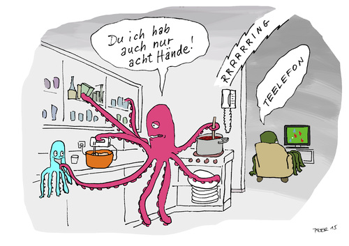Cartoon: Zu Hause bei Familie Oktopus (medium) by darkplanet tagged alltag,kind,vater,mutter,töpfe,kochen,geschirr,fernsehen,essen,kuchen,haushalt,oktopius