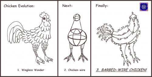 Cartoon: Evolution of the Wingless Wonder (medium) by Tzod Earf tagged cartoon,barbed,wire,chicken