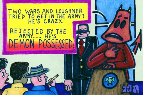 Cartoon: Loughners Deferment (medium) by Tzod Earf tagged giffords,gabrielle,plea,insanity,mass,murder,valentine,satans,deferment,army,us,possession,demon,loughner,jared