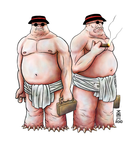 Cartoon: Business Brothers (medium) by R Nishikawa tagged business,brothers,monster