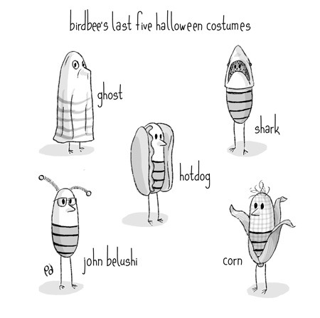 Cartoon: birdbee - halloween (medium) by birdbee tagged birdbee,costume,halloween,ghost,hotdog,shark,belushi,king,bee,corn