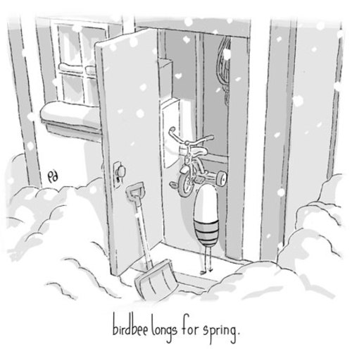 Cartoon: birdbee - winter (medium) by birdbee tagged birdbee,winter,snow,shed,shovel,tricycle,longing,cold