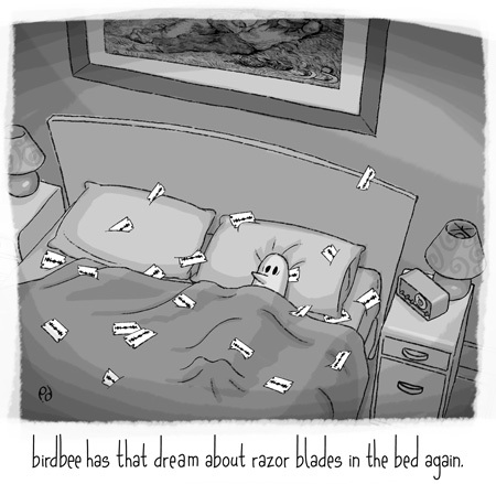 Cartoon: nightmare (medium) by birdbee tagged dream,sleep,nightmare,razor,blades,bed,birdbee