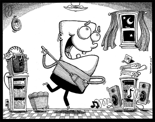 Cartoon: Party of One (medium) by birdbee tagged air,guitar,broom,stereo,dance,music,loud,cat