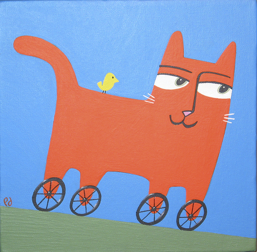 Cartoon: Roller Kitty (medium) by birdbee tagged cat,bird,wheels,roll,painting,acrylics