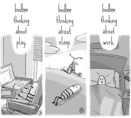 Cartoon: thinking (medium) by birdbee tagged birdbee,thinking,trike,tricycle,office,computer,work,bed,play,sleep
