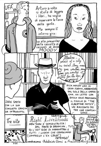 Cartoon: rick moody reading in roma (medium) by marco petrella tagged rickmoody,zadiesmith,vespa,books,marcopetrella