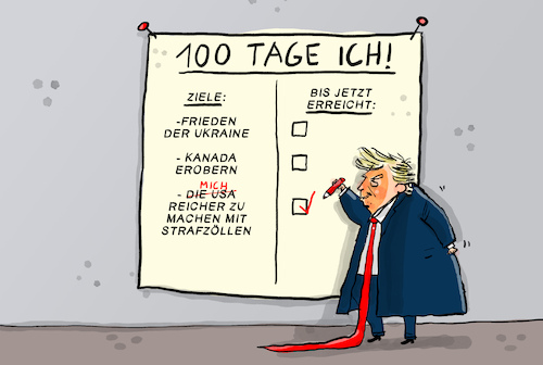 Cartoon: 100 Tage Trump (medium) by leopold maurer tagged 100,tage,usa,präsident,trump,donald,zölle,strafzölle,ukraine,frieden,putin,selenskij,europa,china,kanada,grönland,panama,börsen,weltwirtschaft,diktatur,autokrat,leopold,maurer,karikatur,cartoon,100,tage,usa,präsident,trump,donald,zölle,strafzölle,ukraine,frieden,putin,selenskij,europa,china,kanada,grönland,panama,börsen,weltwirtschaft,diktatur,autokrat,leopold,maurer,karikatur,cartoon