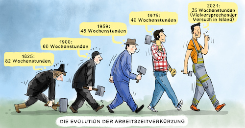 Cartoon: Arbeitszeitverkürzung (medium) by leopold maurer tagged arbeit,lohnarbeit,geschichte,arbeiter,verkuerzung,gewerkschaft,sozialstaat,evolution,leopold,maurer,cartoon,karikatur,arbeit,lohnarbeit,geschichte,arbeiter,verkuerzung,gewerkschaft,sozialstaat,evolution,leopold,maurer,cartoon,karikatur