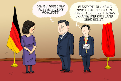 Cartoon: Baerbock in China (medium) by leopold maurer tagged baerbock,china,antrittsbesuch,wirtschaft,demokratie,taiwan,ukraine,krieg,russland,xi,jinping,dolmetscher,bedenken,kritik,hamburg,hafen,macron,usa,westen,eu,nato,deutschland,grüne,leopold,maurer,cartoon,karikatur,baerbock,china,antrittsbesuch,wirtschaft,demokratie,taiwan,ukraine,krieg,russland,xi,jinping,dolmetscher,bedenken,kritik,hamburg,hafen,macron,usa,westen,eu,nato,deutschland,grüne,leopold,maurer,cartoon,karikatur