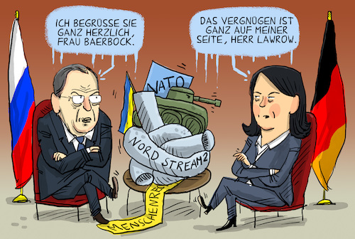 Cartoon: Baerbock und Lawrow (medium) by leopold maurer tagged baerbock,lawrow,aussenministerin,deutschland,russland,ukraine,konflikt,nato,menschenrechte,gas,nordstream,diplomatie,lösung,verhandlung,antrittsbesuch,sanktionen,krieg,leopold,maurer,cartoon,karikatur,baerbock,lawrow,aussenministerin,deutschland,russland,ukraine,konflikt,nato,menschenrechte,gas,nordstream,diplomatie,lösung,verhandlung,antrittsbesuch,sanktionen,krieg,leopold,maurer,cartoon,karikatur