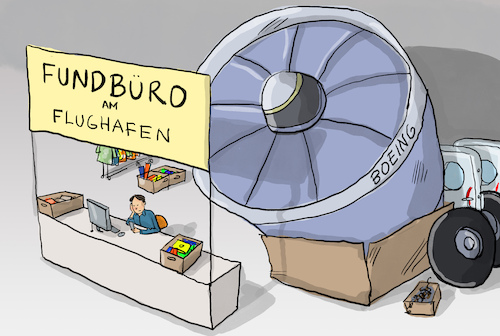 Cartoon: Boeing verliert Triebwerkteil (medium) by leopold maurer tagged boeing,triebwerk,tür,schraube,flugzeug,flugzeugbauer,wartung,fehlerhaft,probleme,fundbüro,fundstücke,verlust,flughafen,flugverkehr,leopold,maurer,cartoon,karikatur,boeing,triebwerk,tür,schraube,flugzeug,flugzeugbauer,wartung,fehlerhaft,probleme,fundbüro,fundstücke,verlust,flughafen,flugverkehr,leopold,maurer,cartoon,karikatur