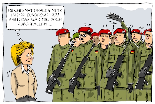 Cartoon: bundeswehrskandal (medium) by leopold maurer tagged bundeswehr,skandal,rechtsnational,rechtsextrem,verdeckt,netz,terror,ministerin,von,der,leyen,nationalsozialismus,symbole,bundeswehr,skandal,rechtsnational,rechtsextrem,verdeckt,netz,terror,ministerin,von,der,leyen,nationalsozialismus,symbole