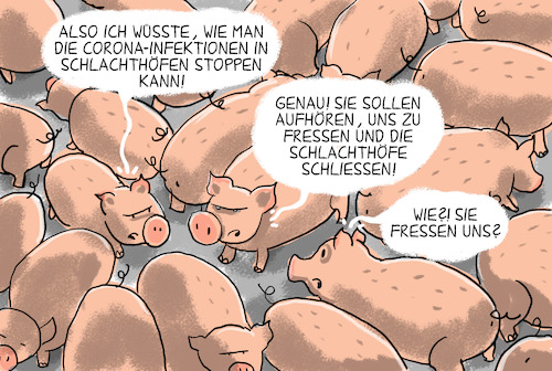 Cartoon: corona und schlachthöfe (medium) by leopold maurer tagged schlachthof,corona,schweine,infektionen,schlachthof,corona,schweine,infektionen