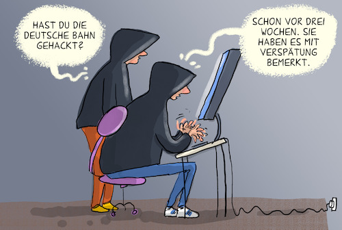 Cartoon: Deutsche Bahn gehackt (medium) by leopold maurer tagged deutsche,bahn,hacker,angriff,tickets,verspätung,zugausfälle,passagiere,system,leopold,maurer,cartoon,karikatur,deutsche,bahn,hacker,angriff,tickets,verspätung,zugausfälle,passagiere,system,leopold,maurer,cartoon,karikatur