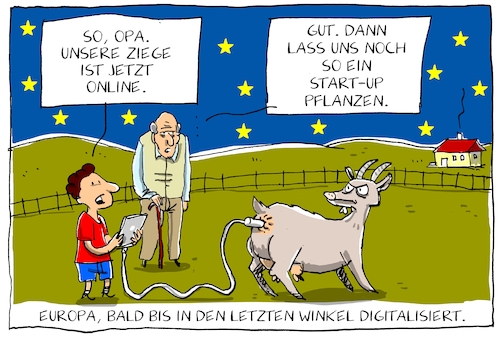 Cartoon: digitalisierung in europa (medium) by leopold maurer tagged europa,eu,digitalisierung,breitband,internet,unternehmen,start,up,ziege,provinz,europa,eu,digitalisierung,breitband,internet,unternehmen,start,up,ziege,provinz