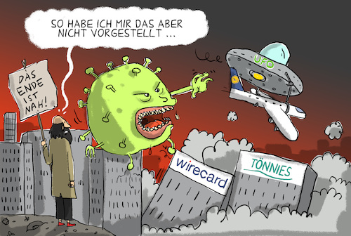 Cartoon: ende der welt (medium) by leopold maurer tagged ufo,lufthansa,corona,covid,wirecard,toennies,insolvenz,rettung,gewerkschaft,katastrophe,ende,ufo,lufthansa,corona,covid,wirecard,toennies,insolvenz,rettung,gewerkschaft,katastrophe,ende