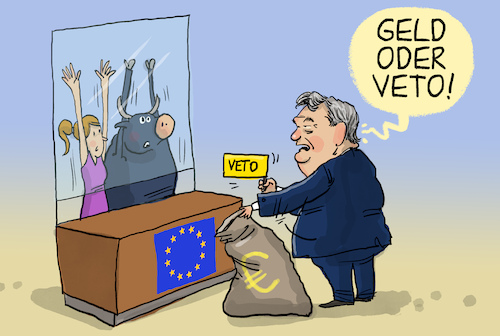 Cartoon: EU-Gipfel (medium) by leopold maurer tagged ungarn,orban,victor,eu,gipfel,komission,geld,veto,blockade,beitritt,ukraine,erpressung,sanktionen,krieg,russland,putin,freund,autokratie,beschluss,gemeinsam,leopold,maurer,karikatur,cartoon,ungarn,orban,victor,eu,gipfel,komission,geld,veto,blockade,beitritt,ukraine,erpressung,sanktionen,krieg,russland,putin,freund,autokratie,beschluss,gemeinsam,leopold,maurer,karikatur,cartoon