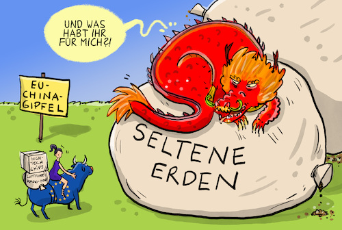 Cartoon: Eu China Gipfel (medium) by leopold maurer tagged eu,china,gipfel,peking,meeting,wirtschaft,ukraine,krieg,seltene,erden,elektro,autos,billigware,staatliche,unterstützung,handel,zölle,sanktionen,drache,stier,europa,leopold,maurer,karikatur,cartoon,eu,china,gipfel,peking,meeting,wirtschaft,ukraine,krieg,seltene,erden,elektro,autos,billigware,staatliche,unterstützung,handel,zölle,sanktionen,drache,stier,europa,leopold,maurer,karikatur,cartoon