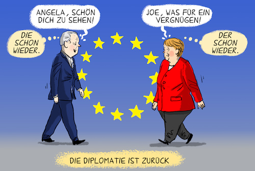 Cartoon: EU Gipfel USA (medium) by leopold maurer tagged eu,usa,gipfel,biden,merkel,diplomatie,präsident,kanzlerin,deutschland,gespräche,strafzölle,politikerinnen,eu,usa,gipfel,biden,merkel,diplomatie,präsident,kanzlerin,deutschland,gespräche,strafzölle,politikerinnen