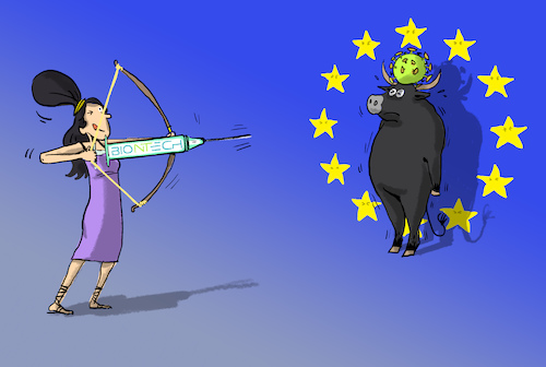 Cartoon: EU Impfstoff Zulassung (medium) by leopold maurer tagged eu,bontech,impfstoff,corona,zulassung,entscheidung,eu,bontech,impfstoff,corona,zulassung,entscheidung