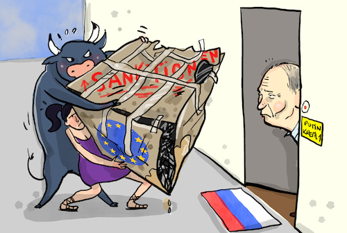 Cartoon: EU Sanktionspaket Neu (medium) by leopold maurer tagged eu,ukraine,krieg,russland,sanktionen,paket,neu,slowakei,blockade,ramponiert,einig,kreml,öl,nord,stream,import,finanz,schiffe,leopold,maurer,karikatur,cartoon,eu,ukraine,krieg,russland,sanktionen,paket,neu,slowakei,blockade,ramponiert,einig,kreml,öl,nord,stream,import,finanz,schiffe,leopold,maurer,karikatur,cartoon