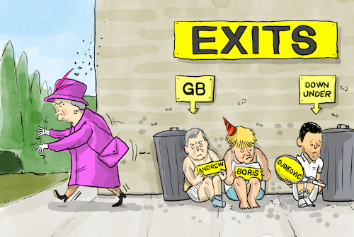 Cartoon: Exits (medium) by leopold maurer tagged boris,johnson,partygate,prince,edward,missbrauch,queen,grossbritannien,gb,australien,djokovic,tennis,impfung,pandemie,covid,verfahren,rauswurf,visum,ausweisung,ausreise,rücktritt,exit,brexit,leopold,maurer,cartoon,karikatur,boris,johnson,partygate,prince,edward,missbrauch,queen,grossbritannien,gb,australien,djokovic,tennis,impfung,pandemie,covid,verfahren,rauswurf,visum,ausweisung,ausreise,rücktritt,exit,brexit,leopold,maurer,cartoon,karikatur