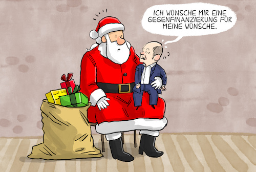 Cartoon: Gegenfinanzierung (medium) by leopold maurer tagged gegenfinanzierung,koalition,ampel,wunsch,wünsche,mindestlohn,klimapolitik,scholz,kanzler,deutschland,weihnachtsmann,weihnachten,spd,grüne,fdp,gegenfinanzierung,koalition,ampel,wunsch,wünsche,mindestlohn,klimapolitik,scholz,kanzler,deutschland,weihnachtsmann,weihnachten,spd,grüne,fdp