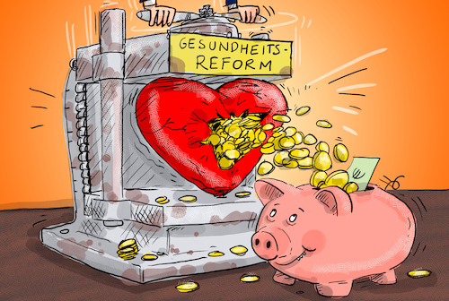 Cartoon: Gesundheitsreform (medium) by leopold maurer tagged gesundheitsreform,reform,budget,einsparungen,krankenkassen,regierung,bundeskabinett,merz,warken,ministerin,sparschwein,herz,medikamente,teurer,beitrag,jeder,erhöhen,arzt,gesundheit,patient,mitversicherung,deutschland,koalition,spd,leopold,maurer,cartoon,karikatur,gesundheitsreform,reform,budget,einsparungen,krankenkassen,regierung,bundeskabinett,merz,warken,ministerin,sparschwein,herz,medikamente,teurer,beitrag,jeder,erhöhen,arzt,gesundheit,patient,mitversicherung,deutschland,koalition,spd,leopold,maurer,cartoon,karikatur