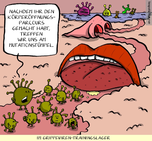 Cartoon: grippeviren im trainingslager (medium) by leopold maurer tagged grippe,verkühlung,erkältung,viren,training,mutation,grippe,verkühlung,erkältung,viren,training,mutation