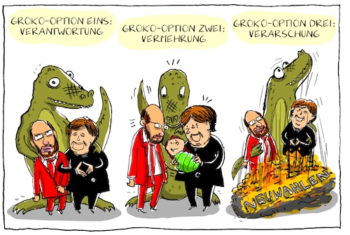 Cartoon: groko optionen (medium) by leopold maurer tagged groko,große,koalition,merkel,schulz,verantwortung,optionen,vermehrung,rot,schwarz,spd,cdu,grüne,verarschung,phönix,aus,asche,neuwahlen,groko,große,koalition,merkel,schulz,verantwortung,optionen,vermehrung,rot,schwarz,spd,cdu,grüne,verarschung,phönix,aus,asche,neuwahlen