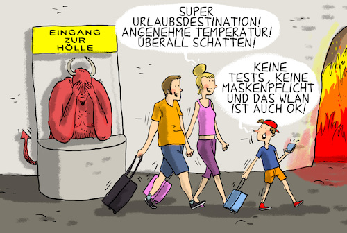 Cartoon: Hitzewelle und urlaub 2021 (medium) by leopold maurer tagged hitzewelle,europa,süden,klimawandel,corona,covid,test,rückkehrer,urlaub,ferien,2021,hölle,hitzewelle,europa,süden,klimawandel,corona,covid,test,rückkehrer,urlaub,ferien,2021,hölle