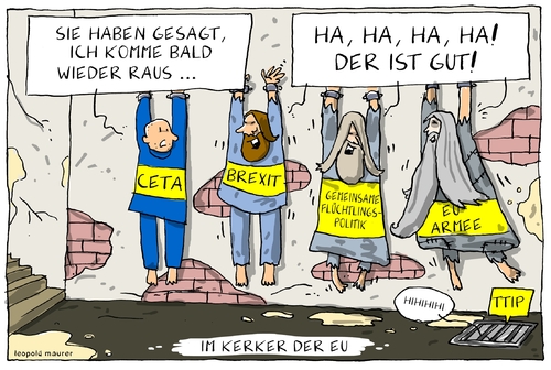 Cartoon: im Kerker der EU (medium) by leopold maurer tagged ceta,ttip,eu,politik,verabsäumungen,brexit,armee,verteidigungspolitik,sicherheitspolitik,flüchtlingspolitik,langsam,verzögerungen,ceta,ttip,eu,politik,verabsäumungen,brexit,armee,verteidigungspolitik,sicherheitspolitik,flüchtlingspolitik,langsam,verzögerungen