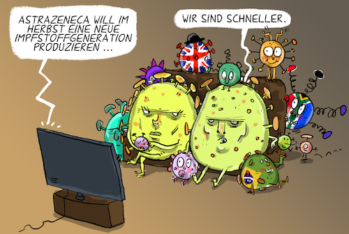 Cartoon: Impfstoff gegen Mutationen (medium) by leopold maurer tagged impfstoff,astrazeneca,planung,impfplan,mutation,corona,covid,generation,neu,wirksamkeit,virus,brasilianisch,britisch,südafrikanisch,impfstoff,astrazeneca,planung,impfplan,mutation,corona,covid,generation,neu,wirksamkeit,virus,brasilianisch,britisch,südafrikanisch