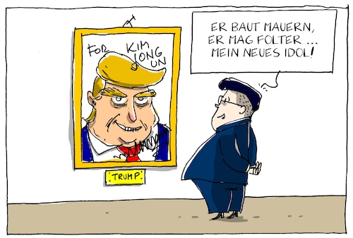 Cartoon: kim jong trump (medium) by leopold maurer tagged kim,jong,un,trump,usa,folter,mauer,präsident,nordkorea,kim,jong,un,trump,usa,folter,mauer,präsident,nordkorea