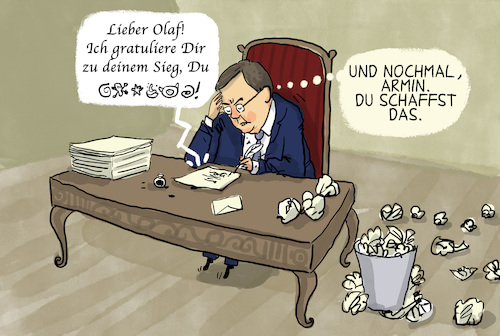 Cartoon: Laschet gratuliert Scholz (medium) by leopold maurer tagged wahl,2021,bundestag,gewinner,scholz,laschet,gratulation,brief,cdu,csu,spd,spät,federkiel,schreibtisch,wahl,2021,bundestag,gewinner,scholz,laschet,gratulation,brief,cdu,csu,spd,spät,federkiel,schreibtisch