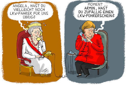 Cartoon: LKW-Fahrer Mangel in GB (medium) by leopold maurer tagged lieferengpass,brexit,sprit,tankstelle,supermarkt,lkw,fahrer,mangel,suche,großbritannien,merkel,queen,laschet,bundestagswahl,koalition,cdu,csu,lieferengpass,brexit,sprit,tankstelle,supermarkt,lkw,fahrer,mangel,suche,großbritannien,merkel,queen,laschet,bundestagswahl,koalition,cdu,csu