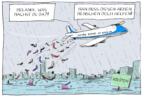 Cartoon: melanias erste hilfe (medium) by leopold maurer tagged houston,harvey,katastrophe,sturm,hochwasser,trump,melania,donald,air,force,one,stilletos,stöckelschuhe,hilfe,abwerfen,geschmacklos,medien,bericht,houston,harvey,katastrophe,sturm,hochwasser,trump,melania,donald,air,force,one,stilletos,stöckelschuhe,hilfe,abwerfen,geschmacklos,medien,bericht