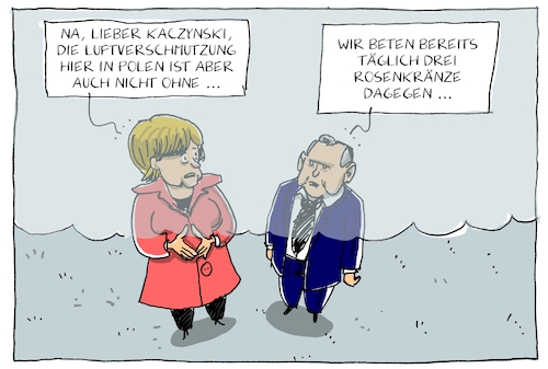 Cartoon: merkel in polen (medium) by leopold maurer tagged merkel,besuch,polen,deutschland,kaczynski,luftverschmutzung,kohle,rosenkranz,beten,katholisch,erzkonservativ,merkel,besuch,polen,deutschland,kaczynski,luftverschmutzung,kohle,rosenkranz,beten,katholisch,erzkonservativ