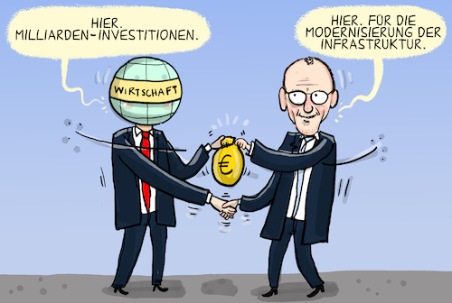 Cartoon: Milliardeninvestitionen (medium) by leopold maurer tagged milliarden,investitionen,wirtschaft,deutschland,ankündigung,unternehmen,forschung,technik,infrastruktur,geben,nehmen,projekte,staatliche,bau,merz,bundeskanzler,firmen,leopold,maurer,karikatur,cartoon,milliarden,investitionen,wirtschaft,deutschland,ankündigung,unternehmen,forschung,technik,infrastruktur,geben,nehmen,projekte,staatliche,bau,merz,bundeskanzler,firmen,leopold,maurer,karikatur,cartoon