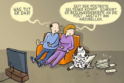 Cartoon: Post-Beschwerden (medium) by leopold maurer tagged deutsche,post,beschwerden,flut,zustellzeiten,pakete,paketzusteller,unzuverlässig,wartezeiten,lange,brief,postbote,botin,hund,bellen,schreiben,leopold,maurer,karikatur,cartoon,deutsche,post,beschwerden,flut,zustellzeiten,pakete,paketzusteller,unzuverlässig,wartezeiten,lange,brief,postbote,botin,hund,bellen,schreiben,leopold,maurer,karikatur,cartoon