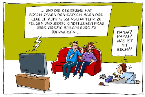 Cartoon: prämie für kinderlose (medium) by leopold maurer tagged kinderlos,clubofrome,studie,zukunft,prämie,kind,eltern,fernseher,wütend,kinderlos,clubofrome,studie,zukunft,prämie,kind,eltern,fernseher,wütend