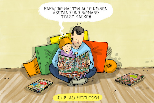 Cartoon: R.I.P. Ali Mitgutsch (medium) by leopold maurer tagged ali,mitgutsch,wimmelbuch,erfinder,vater,kind,vorlesen,corona,kindheit,maske,abstand,pandemie,gestorben,zeichner,illustrator,mädchen,land,stadt,leopold,maurer,cartoon,karikatur,ali,mitgutsch,wimmelbuch,erfinder,vater,kind,vorlesen,corona,kindheit,maske,abstand,pandemie,gestorben,zeichner,illustrator,mädchen,land,stadt,leopold,maurer,cartoon,karikatur