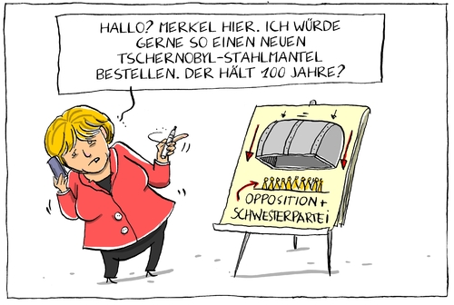 Cartoon: stahlmantel (medium) by leopold maurer tagged cdu,opposition,atomkraftwerk,stahlmantel,tschernobyl,deutschland,kanzlerin,angela,merkel,csu,spd,grüne,schwesterpartei,merkel,angela,kanzlerin,deutschland,tschernobyl,stahlmantel,atomkraftwerk,opposition,cdu,csu,spd,grüne,schwesterpartei