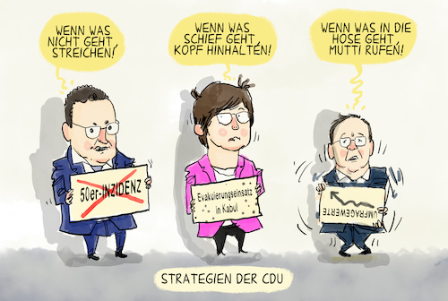 Cartoon: Strategien der CDU (medium) by leopold maurer tagged cdu,csu,wahlkampf,afghanistan,evakuierung,kabul,inzidenz,50er,covid,corona,streichen,laschet,umfragewerte,bundestagswahl,2021,kramp,karrenbauer,spahn,minister,kanzlerkanditat,cdu,csu,wahlkampf,afghanistan,evakuierung,kabul,inzidenz,50er,covid,corona,streichen,laschet,umfragewerte,bundestagswahl,2021,kramp,karrenbauer,spahn,minister,kanzlerkanditat