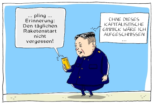 Cartoon: täglicher raketenstart (medium) by leopold maurer tagged kim,jong,un,raketenstart,raketentest,atomrakete,mittelstreckenrakete,provokation,nordkorea,kim,jong,un,raketenstart,raketentest,atomrakete,mittelstreckenrakete,provokation,nordkorea