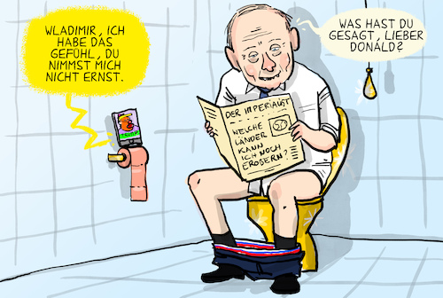 Cartoon: Trump telefoniert mit Putin (medium) by leopold maurer tagged putin,trump,usa,russland,ukraine,krieg,verhandlung,nato,eu,frieden,imperialismus,autokratie,präsident,klo,leopold,maurer,karikatur,cartoon,putin,trump,usa,russland,ukraine,krieg,verhandlung,nato,eu,frieden,imperialismus,autokratie,präsident,klo,leopold,maurer,karikatur,cartoon